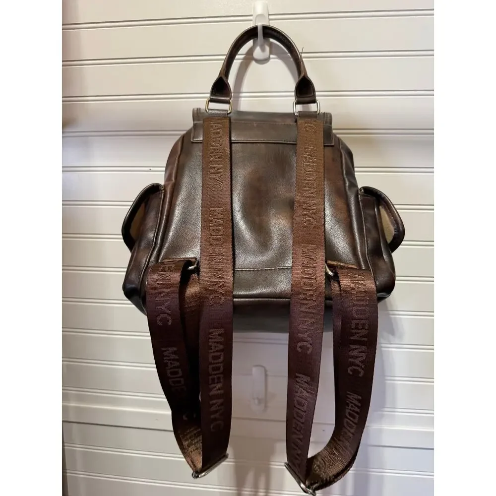 Madden NYC Brown Faux Leather Flap Backpack
